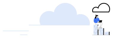 Kadın bulut altında dizüstü bilgisayarla istiflenmiş bloklarda oturuyor, bulut hesaplamasını, yeniliği, ilerlemeyi, veri yönetimini simgeliyor. Teknoloji, yaratıcılık, ölçeklenebilirlik, büyüme uzaktan çalışma için ideal