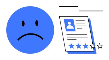 Bir profil kartının yanında üzgün surat, 3 yıldızlı ve eksik yıldızlı bir not gösteriyor. Geri bildirim, çevrimiçi eleştiriler, memnuniyetsizlik, değerlendirme, eleştiri, değerlendirme sistemleri ve duygular için ideal. Basit bir daire.