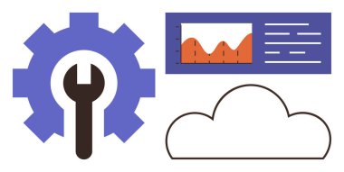 Anahtarlı vites, veri analizi çizelgesi ve bulut şekli gösteren ekran. Yenilik, veri yönetimi, teknoloji, bulut hesaplama, analitik sistem optimizasyonu takım çalışması için idealdir. Basit düz