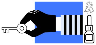 Anahtar tutan siyah eldivenli el, başarı ödülü kurdelesi ve güvenlik ve erişimi simgeleyen kilit. Başarı, liderlik, mahremiyet, güven, strateji tanıma fırsatı için idealdir. Basit düz