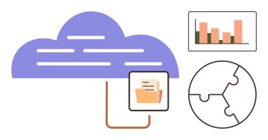 Depolanmış dosyaları, grafik analiz çizelgesini ve strateji, takım çalışması, yenilik, verimlilik, veri yönetimi, teknoloji çözümlerini temsil eden yapboz parçasını içeren bulut. Basit düz metafor için ideal