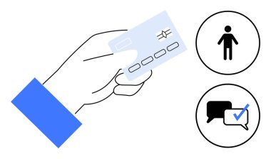 El ele tutuşan kredi kartı işlemleri, bir kişi simgesi ve işaretli konuşma balonunun yanında çevrimiçi işlemleri vurgular. Dijital ödeme, kimlik doğrulama, kullanıcı etkileşimi, finansal