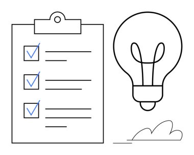 Mavi işaretli panodaki kontrol listesi, fikirleri sembolize eden ampul, minimalist çizim. Takım çalışması, yaratıcılık, beyin fırtınası, planlama, verimlilik yenilik işbirliği için idealdir. Basit.