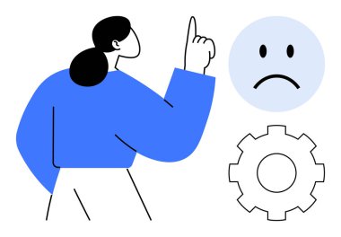 Kimlik sorusu. Sorunu çözmek için üzgün bir yüz ve dişli sembolüyle çözüme vurgu yapan bir kadın. Stratejide sorun çözme, iş akışı iyileştirme, karar verme