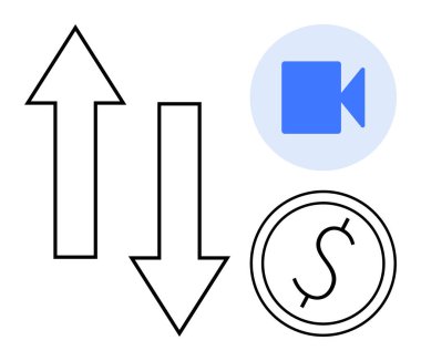 Dikey oklar dolar işaretli bir daire ve video ikonu verileri, finansal eğilimleri ve dijital medyayı temsil ediyor. Finans, büyüme, iletişim, teknoloji, analitik ve ekonomi için ideal