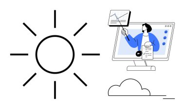 Dijital öğrenme. Bir monitörden veri tablosu görüntüleyen uzak sunucu. Dijital öğrenme, sanal iletişim ve eğitimle bağlantılı. E-öğrenim, webinarlar, sunumlar için