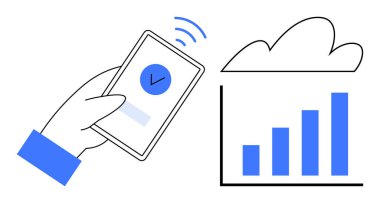 Elele tutuşan akıllı telefon bulut görüntüleme çubuklarına veri gönderiyor. Teknoloji, veri paylaşımı, bulut bilgisayarı, mobil uygulamalar, iş büyümesi, yenilik ve bağlantı için idealdir. Basit düz