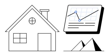 Bacalı, pencereli ve kapılı ev, çizgi noktalı analitik grafik ve dağları andıran üçgen şekiller. Mimarlık, analiz, ilerleme, strateji, keşif için ideal
