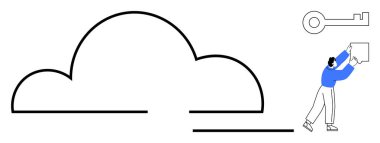 Bulut güvenlik kavramı. Dijital bir anahtarla bulut güvenliği ve verileri yöneten bir figür. Bulut güvenliği güvenli depolama ve erişim sağlıyor. IT, veri yönetimi ve teknolojik çözümler için. siber güvenlik, veri