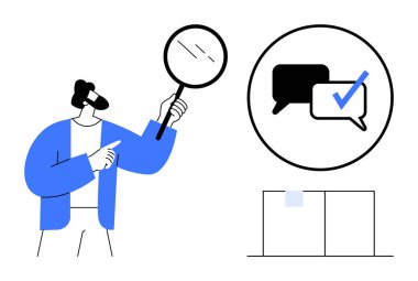 Büyüteçle iletişimi analiz eden adam kontrol edilen diyalog baloncuklarını işaret ediyor. Araştırma, geri bildirim, problem çözme, iletişim, değerlendirme, netlik tartışması için idealdir. Basit.