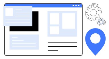 Makaleler, çerçeveler, harita iğnesi ve vites şekilli web sayfası düzeni navigasyon, ayarlar ve yapıyı sembolize eder. Teknoloji, SEO, içerik konumu tarama yenilikçi kullanıcı deneyimi için ideal