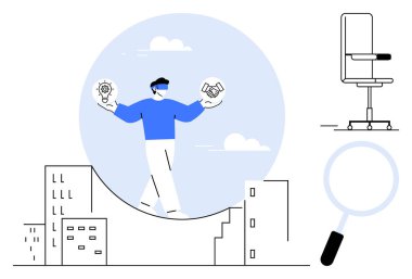 Ampul ve tokalaşma görselleri tutan işçiler, harita çıkıntısında binalar, ofis sandalyesi ve büyüteçle dengede duruyorlar. İş dengesi, iş büyümesi, yönetim, odaklanma ve planlama için ideal