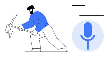 Benimkine kazma kullanan bir adam, ses girdisini temsil eden bir mikrofon grafiğiyle eşleştirilmiş. Teknoloji, veri madenciliği, iletişim, ses tanıma, yenilik, yaratıcılık, dijital araçlar için ideal