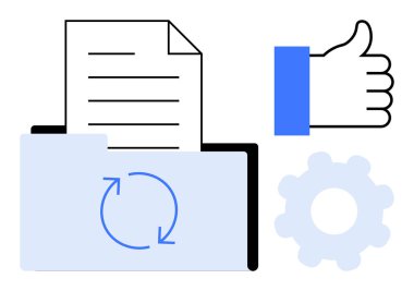 Belge yönetimi. Tazeleme sembollü dosya ve klasör, başparmak yukarı ve dişli simgesi. Dosya organizasyonu, veri senkronizasyonu ve iş akışı otomasyonu için belge yönetimi. Bulut için uygun