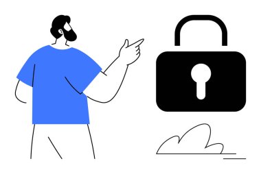 Güvenliği, veri korumasını ve mahremiyeti vurgulayan büyük bir kilidi işaret eden adam. Siber güvenlik, erişim kontrolü, güvenli uygulamalar, kişisel güvenlik, dikkat, dijital politika iletişimi için ideal