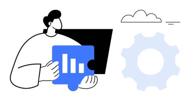Veri analiz konsepti. Veri görselleştirmesi bir bulmaca parçasının grafiğiyle vurgulandı. Dişli ve bulut sembolleri bağlantı olduğunu gösteriyor. Analiz, iş çözümleri, teknoloji anlayışları için kullan