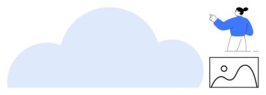 Kadın, büyük bir bulut grafiği ve resim çerçevesinin yanında, veri depolamayı, yaratıcılığı ve teknolojiyi temsil eden hareketler yapıyor. Bulut teknolojisi, depolama, analitik, yaratıcılık, yenilik takım çalışması için ideal