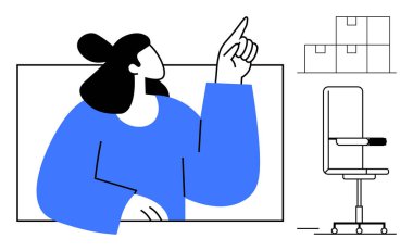 Mavi kazaklı kadın yukarı bakıyor, ofis sandalyesi ve arka planda bir yığın kutu var. Yaratıcılık için ideal, çalışma alanı organizasyonu, planlama, beyin fırtınası, takım çalışması, üretkenlik, basit düz