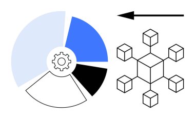 Blockchain konsepti. Dişli sembolü olan engelleme zinciri teknolojisi ve merkezi olmayan ağlar için veri akış şeması. Blockchain veri paylaşımı ve optimizasyonu entegre eder. Teknoloji için ideal