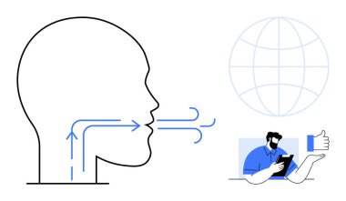 Konuşma okları, küre sembolü olan bir insan profili ve parmak işareti olan bir tablet kullanan biri. İletişim, konuşma, teknoloji, onay, çevrimiçi etkileşim, dijital ağ öğrenmek için ideal