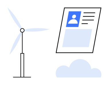 Yenilenebilir enerji kavramı. Dijital kimliğe sahip bir rüzgar türbini aracılığıyla yenilenebilir enerji. Yenilenebilir çözümler ve sürdürülebilir ilerleme teknolojisi. Teknoloji için ideal, temiz enerji.