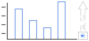 Büyümeyi, başarıyı, veri performansını, analitiği, ilerlemeyi, eğilimleri ve ilerlemeyi simgeleyen yukarı doğru ok ile yükselen çubuk grafiği. İş stratejisi ve ölçümler için ideal. Basit bir daire.