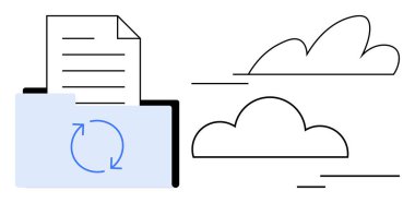 Dijital depolamayı, veri paylaşımını ve erişimi sembolize eden minimalist bulutların yanında belge ve eşzamanlama simgesi bulunan klasörü aç. Bulut bilgisayarı, dosya yedeği, çevrimiçi işbirliği ve modern için ideal