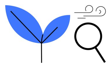 Büyüteç, rüzgar ve mavi yapraklar çevresel araştırmaları, temiz enerjiyi ve sürdürülebilir büyümeyi sembolize eder. Ekoloji, bilim, yenilik, eko-bilinç, yenilenebilir kaynaklar için ideal doğa