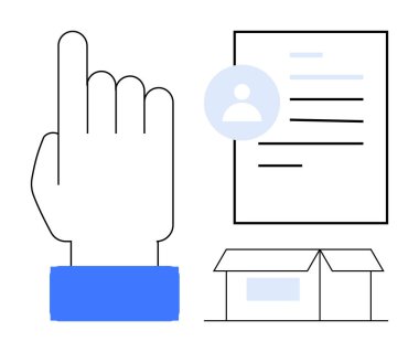 Teslimat kutusuyla birlikte bir belgenin profil simgesini gösteren el hareketi. Kişiselleştirme, çevrimiçi siparişler, kullanıcı arayüzü, lojistik, e-ticaret, belge işleme için ideal