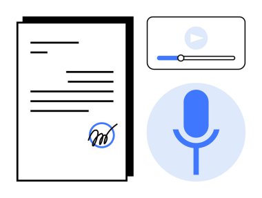 İmzalı kağıt, mikrofon simgesi ve medya oynatıcı arayüzü. Sözleşmeler, dijital imza, iletişim, multimedya, teknoloji uzaktan çalışma ve eğitim için idealdir. Basit düz metafor