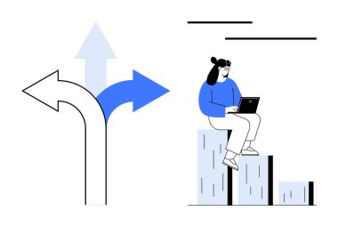 Çubuk grafikte dizüstü bilgisayar kullanan bir kadın, farklı karar yollarını gösteren okların yanında. Karar verme, kariyer büyümesi, strateji, analitik, iş planlaması, fırsat, basit