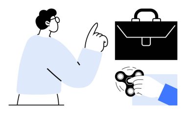 Düşünceli hareket eden biri, iş çantası, el ele tutuşan bir fırıldak. İş hayatı dengesi, üretkenlik, gevşeme teknikleri, kariyer yönetimi, odaklanma, karar verme basit