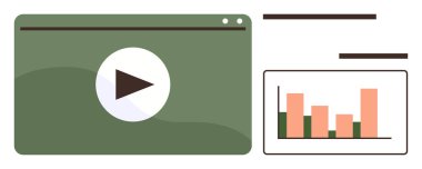 Yeşil bir tarayıcı penceresinde oynat düğmesi ve bar çizelgesi analizi video içeriği, veri takibi olduğunu gösteriyor. Pazarlama, eğitim, iş dünyası, medya, analitik, strateji büyümesi için ideal. Basit düz