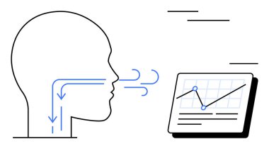 Veri tablosu analizinin yanında nefes alan insan kafasının yan profili. Sağlık, tıbbi teknoloji, solunum, tanı, veri eğilimleri, analitik, basit düz metafor için ideal