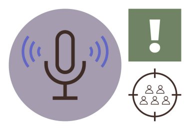 Ses dalgaları yayan mikrofon, yeşil karede ünlem işareti ve hedef kitle kullanıcı grubu. İletişim, yayın, podcast, dikkat, hedef kitle, bilgi içeriği için ideal