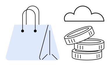 Para yığınının yanında alışveriş torbası ve e-ticaret, tasarruf, yatırım, para, online alışveriş, bulut depolama, dijital ekonomiyi sembolize ediyor. Perakende ve finansal temalar için ideal. Basit.