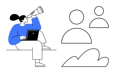 Dizüstü bilgisayarlı bir kadın, elinde teleskopla soyut insan simgelerini ve bir bulutu gözlemliyor. Takım işbirliği, gelecek vizyon, bulut hesaplama, uzak çalışma, liderlik, strateji için ideal