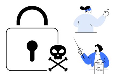 Asma kilit ve kafatası sembolü veri koruması ve siber tehditleri temsil ediyor. Bireyler eğitim ve sorumluluk gösterirler. Siber güvenlik, gizlilik, güvenlik, farkındalık, eğitim için ideal