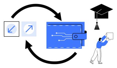 Dijital cüzdan konsepti. Simge veri entegrasyonu, değişim akışı ve eğitim içeren dijital cüzdan. Finansal işlemler için dijital cüzdan, e-öğrenim, edtech, fintech uygulamaları ve sanal ödeme