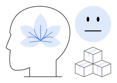 Odaklanmak için mavi nilüfer sembollü baş profili, duygular için sakin yüz, organizasyon için istiflenmiş kutular. Farkındalık, zihinsel sağlık, denge, berraklık, yaratıcılık, basitlik, duygusal