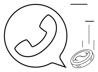 Telefon ikonu ve tek madeni parayla yapılan konuşma balonu iletişim ve finansal işlemleri gösteriyor. Telekom, maliyet tasarrufu, finans, fiyatlandırma stratejisi, iletişim seçenekleri, VoIP hizmetleri için ideal