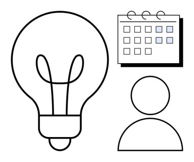 Yenilik için ampul, organizasyon için takvim ve bireysel odaklanma için kullanıcı simgesi. Yaratıcılık, planlama, zaman yönetimi, kişisel büyüme, üretkenlik, eğitim ve ticaret için ideal