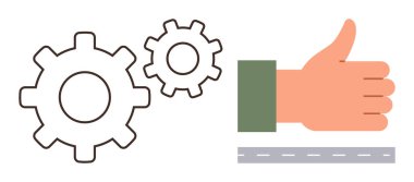 İki vites, onay, ilerleme ve takım çalışmasını işaret eden, bir yolun yanında el işaretini işaret eden süreçleri ve mekanizmaları simgeliyor. Başarı, işbirliği, sistemler, yenilik için ideal