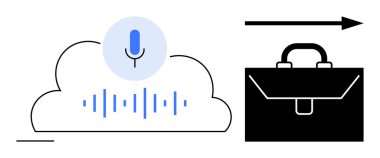 Ses dalgaları, siyah evrak çantası ve ilerlemeyi gösteren okla bulut simgesi üzerinde mikrofon. Ses tanıma, yapay zeka, iş çözümleri, bulut depolama, yenilik, uzaktan çalışma dijital için ideal
