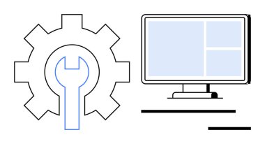 İngiliz anahtarıyla bilgisayar monitörünün yanında arayüz düzeni. Teknoloji, sistem ayarları, yazılım, geliştirme, kişiselleştirme, bilişim desteği, sorun giderme için ideal. Basit düz metafor