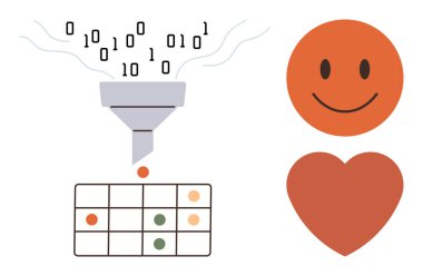 İkili veri bir bacadan geçer ve bir iç görü ağı oluşturur. Turuncu mutlu yüz ve kalp mutluluğu, duygusal bağı ve memnuniyeti temsil eder. Veri analizi, yapay zeka ve insani değerler için ideal.