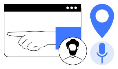 Basit tasarımda işaret eden eli, profil avatarı, mikrofonu ve lokasyon iğnesi olan tarayıcı penceresi. Kullanıcı arayüzü, erişilebilirlik, iletişim, konum belirleme, yön teknisyeni takım çalışması için ideal