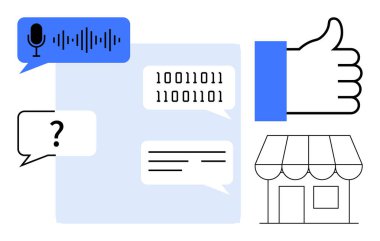 Dijital iletişim. Çeşitli unsurlar ikili kodu, ses girişini, geri bildirim simgelerini ve dijital iletişim yöntemlerini işaret eden bir mağaza anahatını onaylar. Teknoloji, ekommerce, mesajlaşma için kullanışlı
