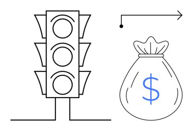 Trafik ışığı ve bir okla eşleştirilmiş dolar işaretli para çantası. Finans, iş, karar verme, strateji, ekonomi, yatırım tasarrufları için ideal. Basit bir düz metafor.