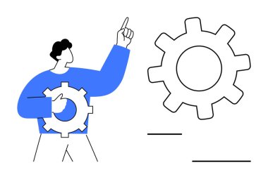 Elinde vites tutan ve yukarı doğru bakan kişi yenilikleri, teknik fikirleri ve takım çalışmasını sembolize ediyor. Teknoloji, strateji, ilerleme, çözümler, eğitim liderliği için ideal basit düz metafor